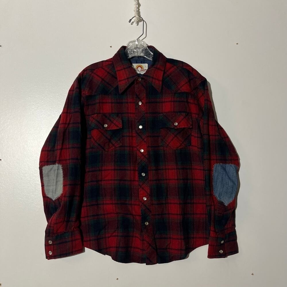 Saturdays Vintage Wool Blend Plaid Western Snap Flannel Shirt Red Green Large